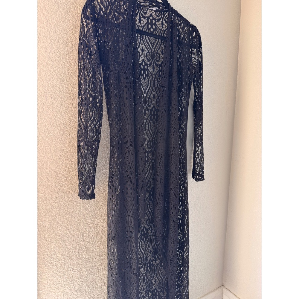 Objex Womens Black Lace Longline Duster Cardigan Open Front Sheer Long Sleeve